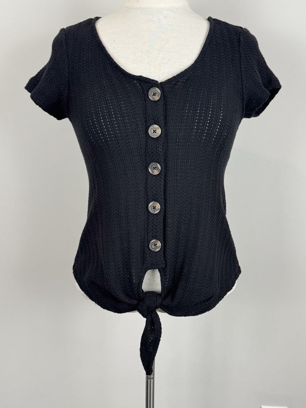 NWT Workshop Black Knit Top Button Front Tie Detail Women's XS Cotton Blend